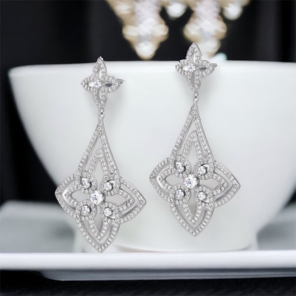 925 Sterling Silver Rhodium-plated Chandelier Design Brilliant-cut CZ Earrings - Picture 6 of 8